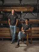 Founders Zé Maria and Bernardo in their Lisbon carpentry workshop creating bespoke solid wood furniture