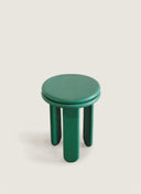 Green wood paint finish on the Juntowd Trio Stool, a custom furniture accent piece with rounded legs.